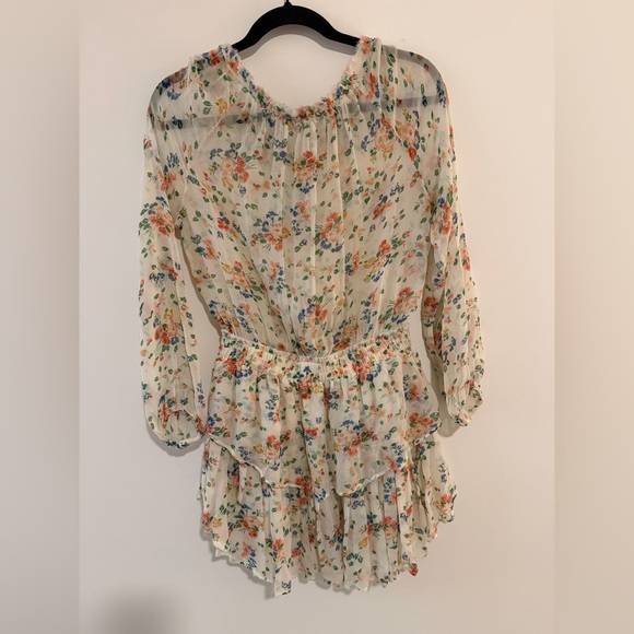 LoveShackFancy SILK Cream Floral Mini Dress Long Sleeve with Tiered Skirt - Picture 2 of 10